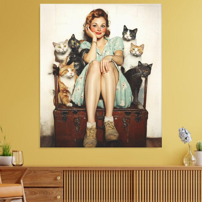 Impressão Em Tela Abraçando as Víbias de Gato Louco e Retro (Insitu(Sala de estar))