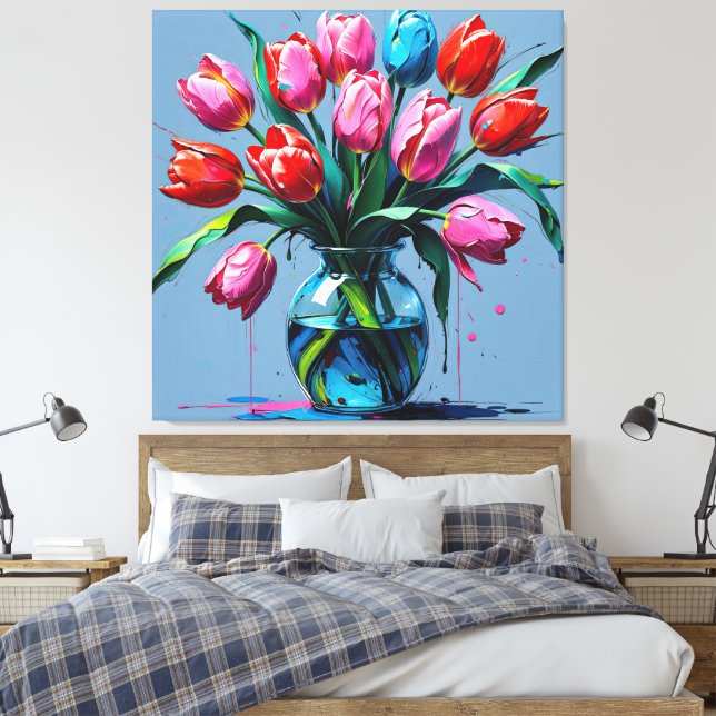 Impressão Em Tela Abstract Digital Painting – Colorful Tulip Bouquet (Insitu(Quarto))
