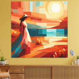 Impressão em Tela Abstrata do Pôr do Sol da Mulher