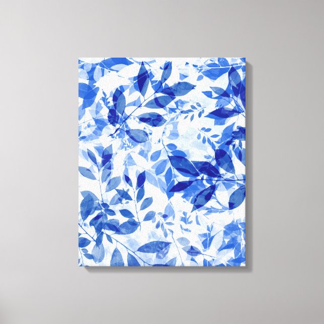 Impressão Em Tela Abstrato Azul e Folhas Brancas (Frente)