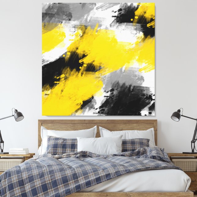 Impressão Em Tela Abstrato de Brushstrokes Branco Amarelo Negro (Insitu(Quarto))