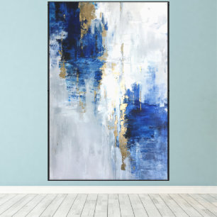 Impressão Em Tela Abstrato de Movimento Camadas Azul e Dourado