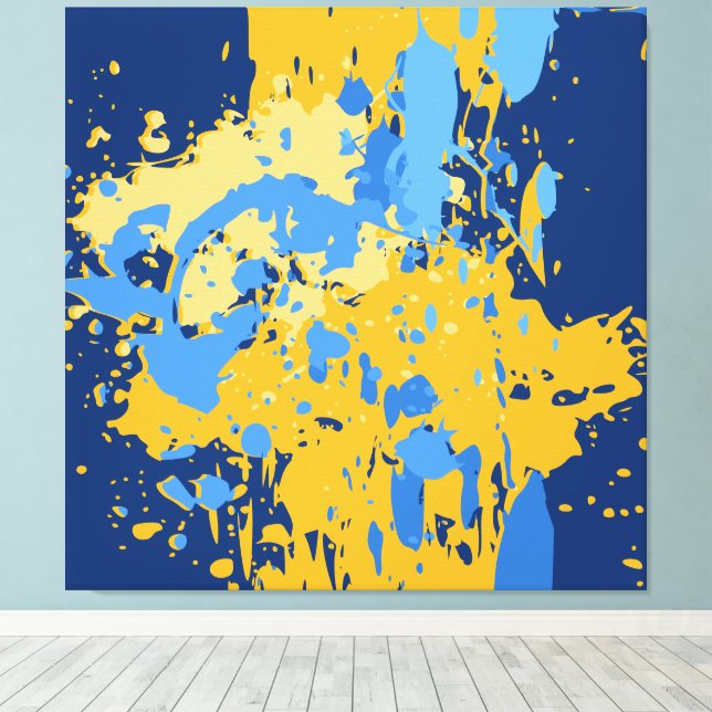 Impressão Em Tela Abstrato digital Blue & Yellow Paint Splatter (Insitu(piso de madeira))