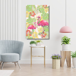 Impressão Em Tela Abstrato Flamingo e Floral coloridos 24"x36"