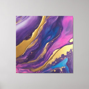 Impressão Em Tela Abstrato-Flow Art-Blue Pink Roxo e Dourado-