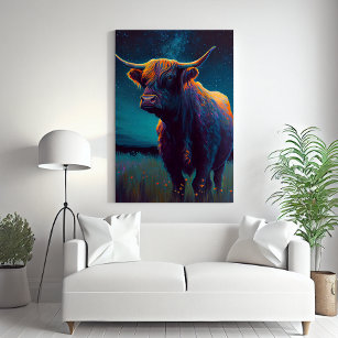 Impressão Em Tela Abstrato Highland Cow Num Campo À Noite Colorido