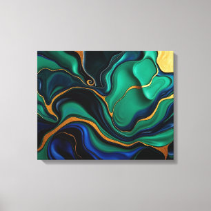 Impressão Em Tela Abstrato Líquido Esmeralda e Ouro