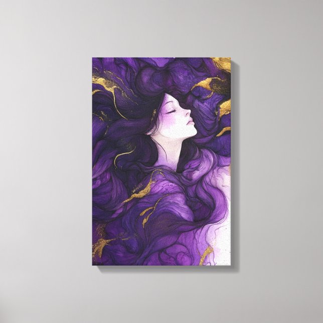 Impressão Em Tela Abstrato, mulher de arte moderna, púrpura e ouro (Frente)