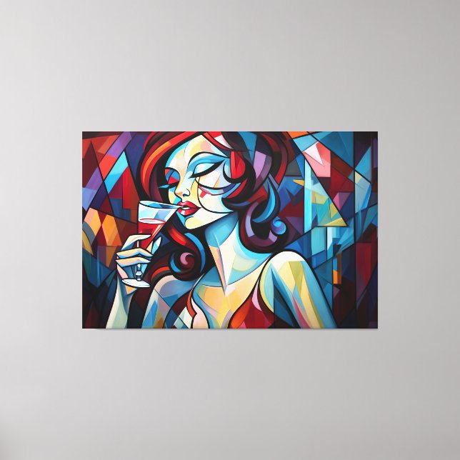 Impressão Em Tela Abstrato pintando mulher tirando tela de vinho (Frente)
