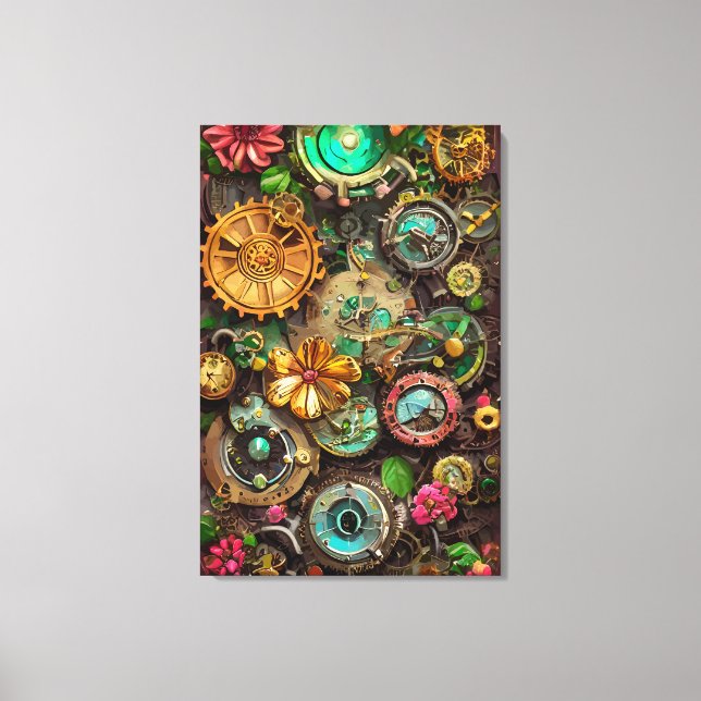Impressão Em Tela Abstrato Surreal Gears Flowers Steampunk Art (Frente)