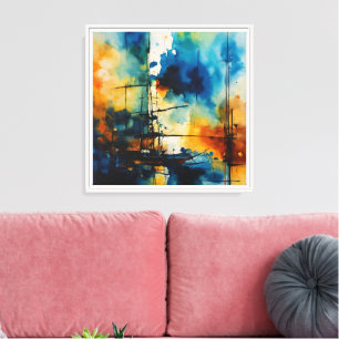 Impressão Em Tela Abstrato Watercolor   Azul e Laranja Moderno