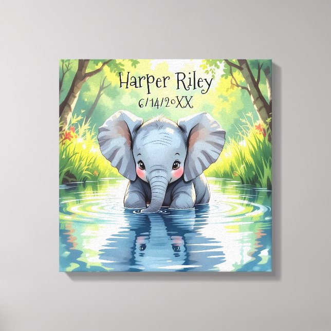 Impressão Em Tela Adorable Baby Elephant and Reflection Personalized (Frente)