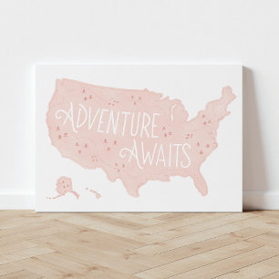 Impressão Em Tela Adventure aguarda um mapa rosa dos EUA