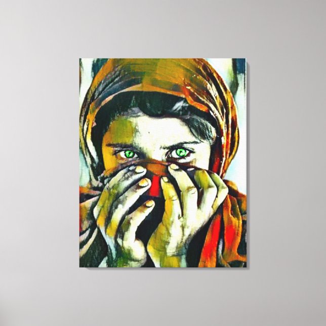 Impressão Em Tela Afegã com Retrato de Óleo de Olhos Verdes (Frente)