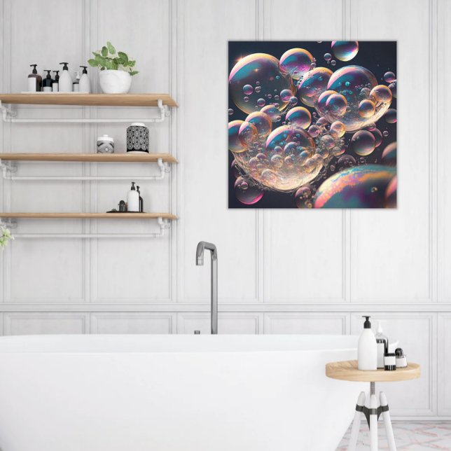 Impressão Em Tela Água em Movimento: Teal Horizontal e Bolhas Branca (Printed Canvas Art Modern Abstract Luminous Bubbles Floating up on Black Pink Teal Yellow Iridescent)