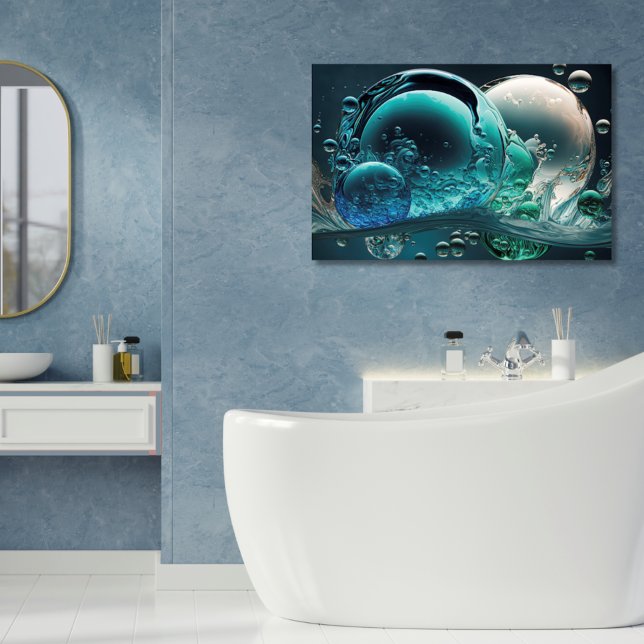 Impressão Em Tela Água em Movimento: Teal Horizontal e Bolhas Branca (Printed Canvas Abstract Bubbles in Teals, Blues, and White. Modern Bathroom Spa Decor)