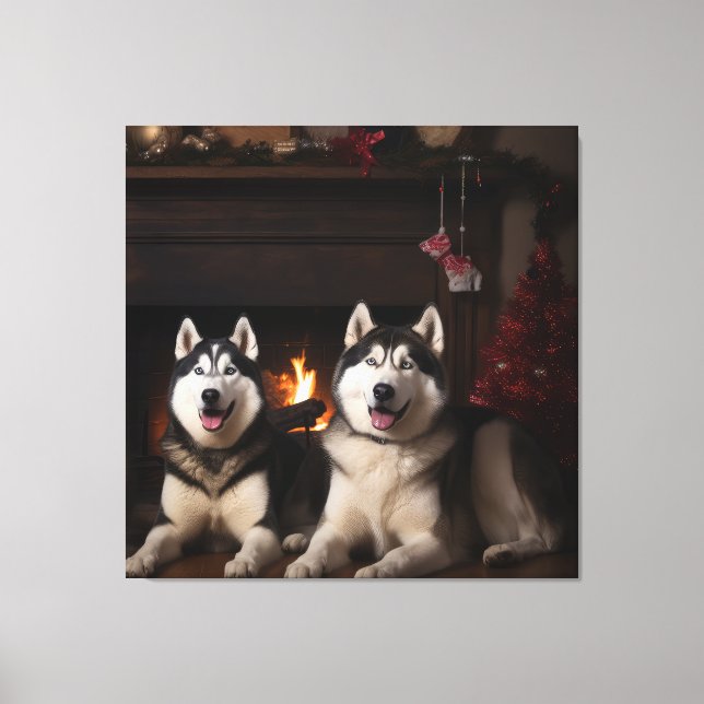Impressão Em Tela Alaskan Malamute na Lareira de Natal (Frente)