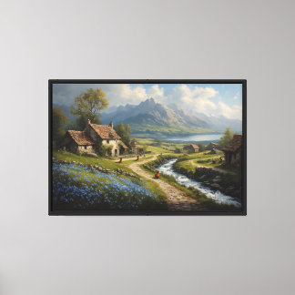 Impressão Em Tela Aldeia à Beira de um Rio com Montanhas e Flores Az