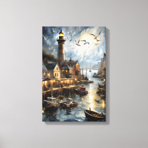 Impressão Em Tela Aldeia Costeira Serene na Arte Portuária Náutica d