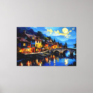 Impressão Em Tela Aldeia de Moonlit Riverside