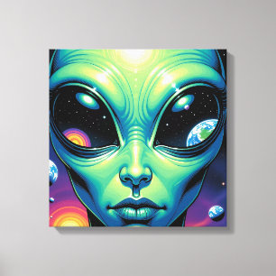 Impressão Em Tela Alienígena face com planetas reflexões nos olhos