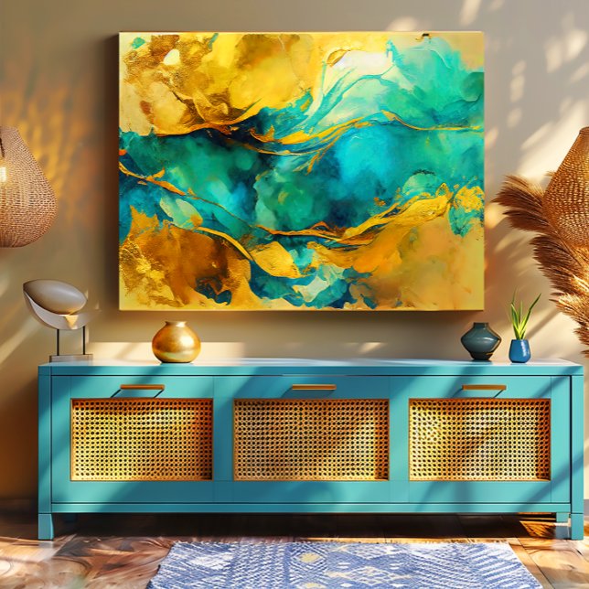 Impressão Em Tela Alinhando Blues e Golds Abstrato (Stunning Abstract Turquoise and Gold Canvas Print/Available in Various Sizes)