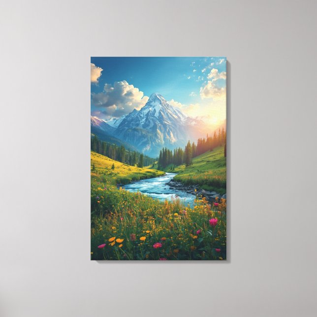 Impressão Em Tela Alpine River Sunrise – Serene Mountain Landscape (Frente)