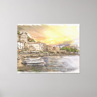 Impressão Em Tela Amalfi coast village sketch with boats at sunset
