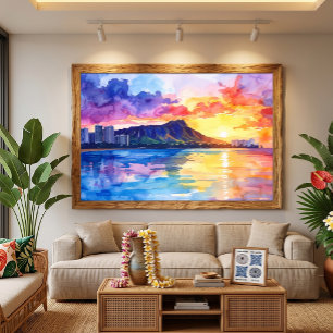 Impressão Em Tela Amanhecer Waikiki Diamond Head Aquarela Havaí