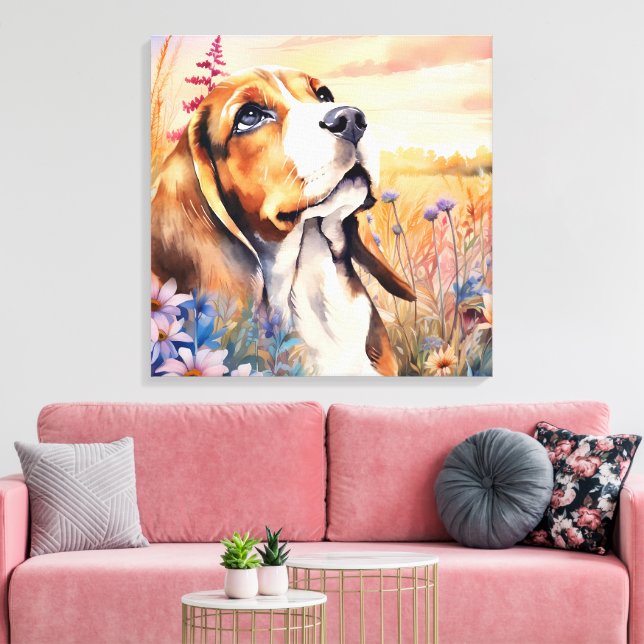 Impressão Em Tela Amante de Cachorro Beagle com Prado de Flores Silv (Insitu(Sala de estar))