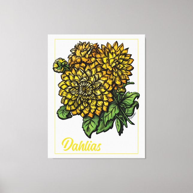 Impressão Em Tela Amarelo Dahlias Floral (Frente)
