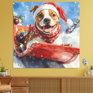 Impressão Em Tela American Staffordshire no Trenó de Natal