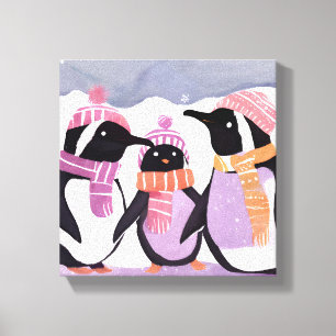 Impressão Em Tela Amigos Pinguins de Natal   Aquarela de Inverno