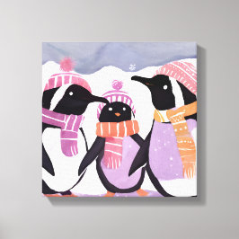 Impressão Em Tela Amigos Pinguins de Natal | Aquarela de Inverno