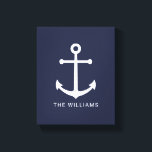 Impressão Em Tela Âncora branca náutica e nome personalizado em azul<br><div class="desc">Tela Náutica Minimalista Moderna Impressão com âncora branca com nome personalizado no estilo de fonte sans moderno branco em fundo azul marinho. Perfeito como decoração da casa de praia,  presente de inauguração e muito mais.</div>