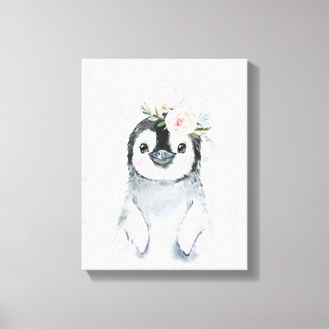 Impressão Em Tela Animais Florais de Pinguim Bebê em Aquarela na Nev (Frente)