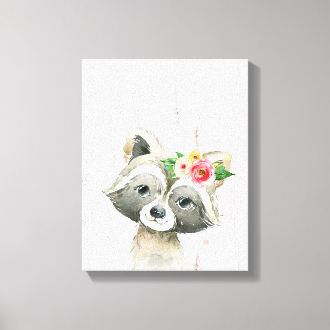 Impressão Em Tela Animais Florais em Aquarela de um Bebê Mapache na  (Frente)