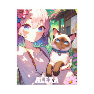 Impressão Em Tela Anime Girl and Siamese Cat Personalizado