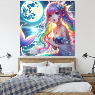 Impressão Em Tela Anime Girl Singing Moonlight Pixie Rainbow Mermaid