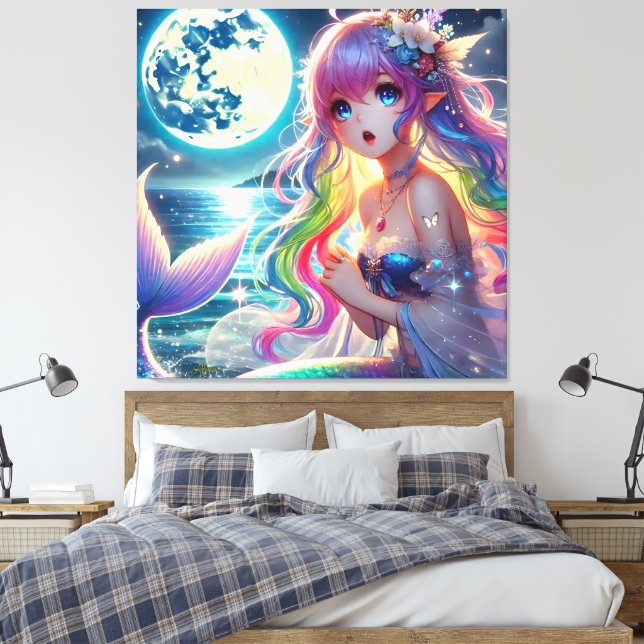 Impressão Em Tela Anime Girl Singing Moonlight Pixie Rainbow Mermaid (Insitu(Quarto))