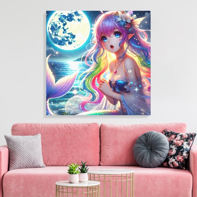 Impressão Em Tela Anime Girl Singing Moonlight Pixie Rainbow Mermaid (Insitu(Sala de estar))