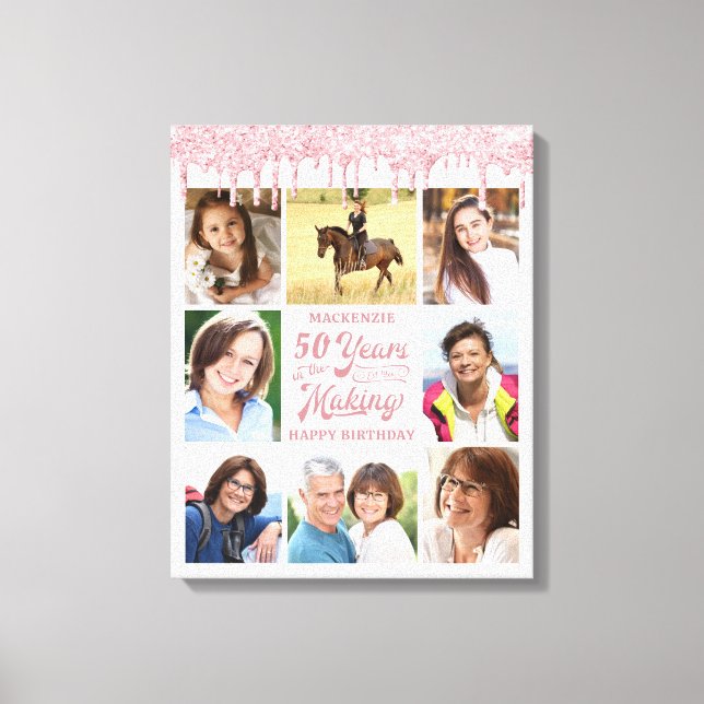 Impressão Em Tela Aniversário 8 Fotos Rosa Dourada Pink Glitter Drim (Frente)