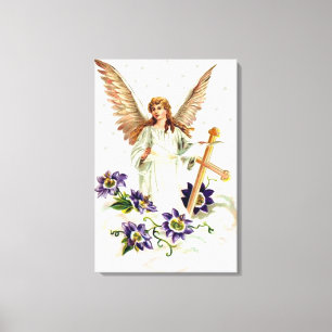 Impressão Em Tela Anjo Com Cruz E Flores De Clematite