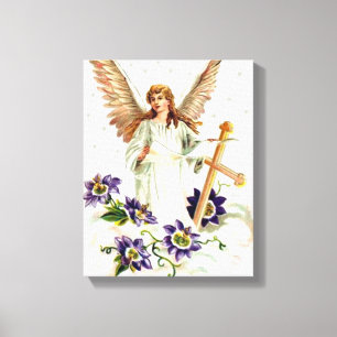 Impressão Em Tela Anjo Com Tela De Flores Cruzadas E Clematis