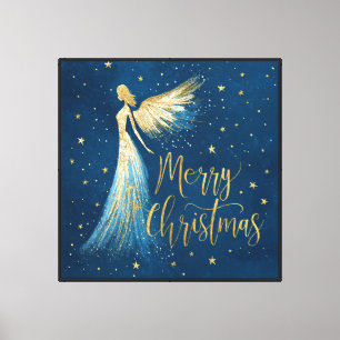 Impressão Em Tela Anjo de Natal Dourado sobre Azul Estrelado