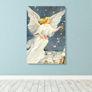Impressão Em Tela Anjo Vitoriano do Natal Antigo com Estrelas Rosas