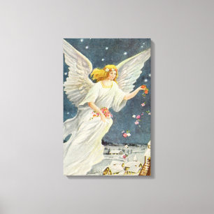 Impressão Em Tela Anjo Vitoriano do Natal Antigo com Estrelas Rosas