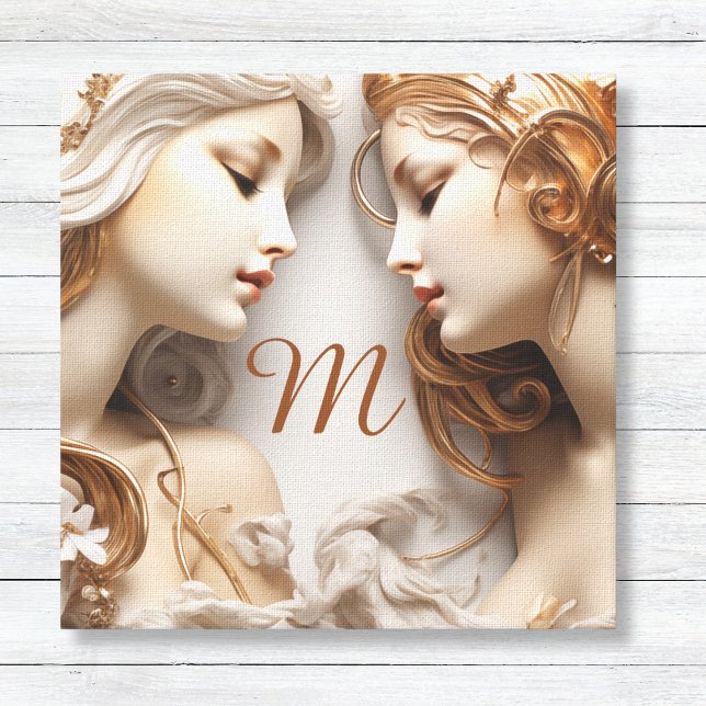 Impressão Em Tela Anjos Dourados e de Marfim monogramados (Gold and Ivory Faux 3D Angels Canvas Wall Art with Custom Monogram - Bedroom Art Divine Protection)