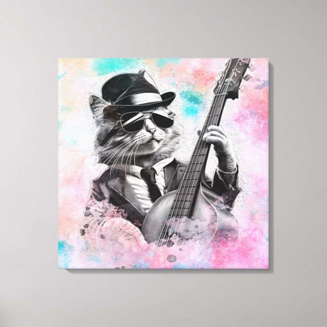 Impressão Em Tela *~ AP91 Percussionista Azul Cor-de-rosa Frio Gato (Frente)