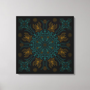 Impressão Em Tela Aqua e Dourada Mandala Art